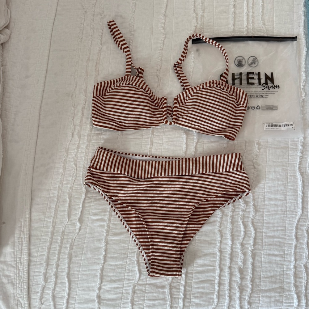 SHEIN Brown and White Striped Bikini Top